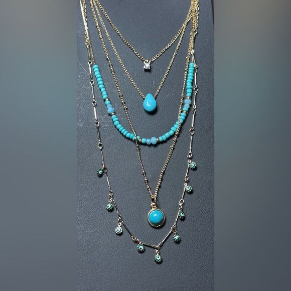 New! 14” Juliet Turquoise & Gold Tone 5-Strand Adjustable Necklace 3” Extension - Picture 3 of 4